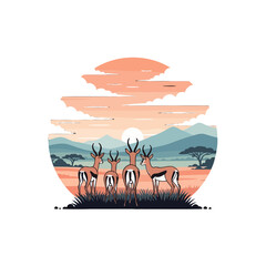 A group of wild antelopes standing in a grassy field during a sunset © Buku