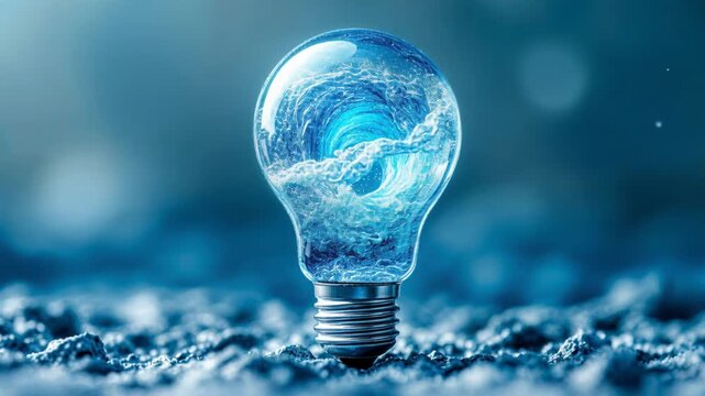 Swirling ocean wave trapped inside a light bulb symbolizing renewable hydro and tidal energy concepts