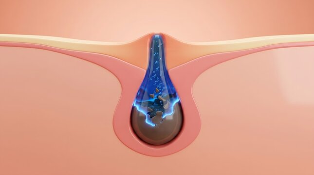 Cross section of skin pore with blue serum capsule dissolving dark impurity inside follicle