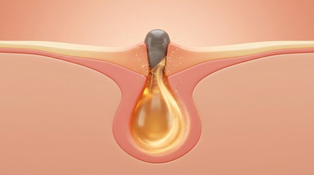Skin pore cross section with golden amber serum dissolving dark blackhead plug with sparkle particle
