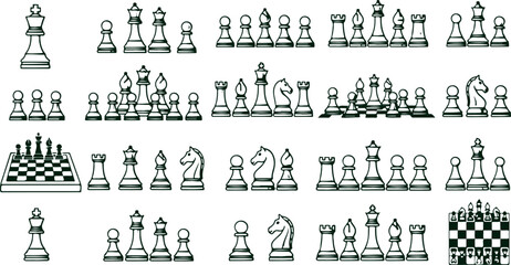 Collection of chess pieces and game board, outline art for strategy and board game enthusiasts, isolated on transparent. © Sadhin
