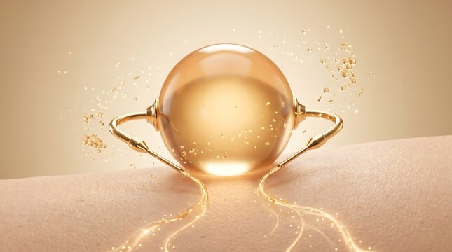 Golden serum sphere held by gold curved handle glowing on skin with shimmer particle and stream