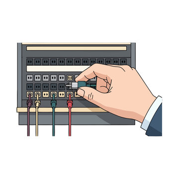 A hand inserts a colorful electrical cable into a patch bay panel