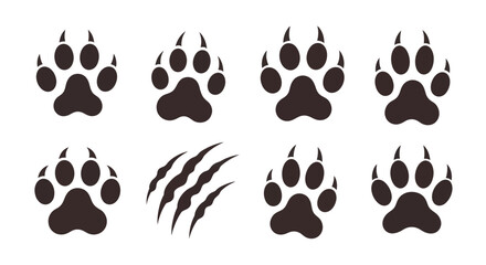 Fototapeta premium Collection of Animal Paw Prints and Claw Marks Icons.