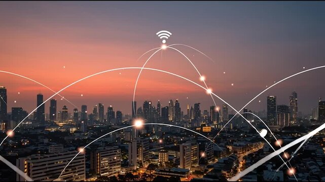 Social media fo city and Smart digital Innovation city with connection network reciprocity over the cityscape. of future smart wireless city and social media networking systems that connects business