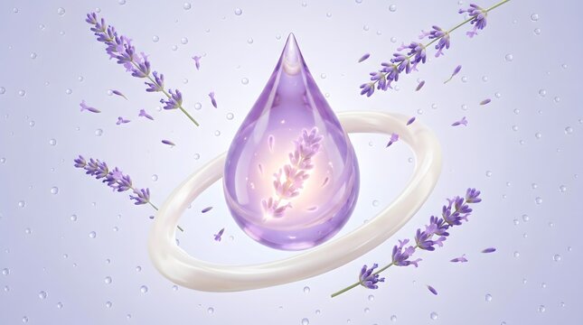 Purple lavender serum drop with flower inside surrounded by lavender branch and water droplet