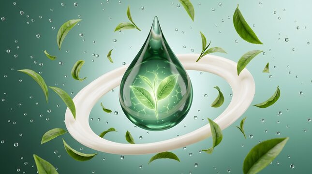 Green tea serum drop with glowing leaf inside surrounded by flying leaf and water droplet