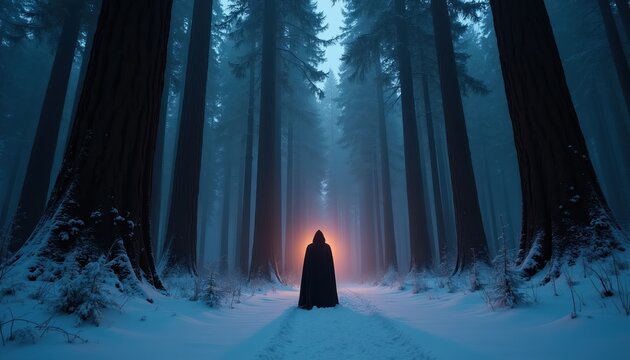 Mysterious figure stands in snowy redwood forest at night. Glowing light emanates from behind a hooded cloak. Tall trees line a path covered in fresh snow. Atmosphere is cold and dark.
