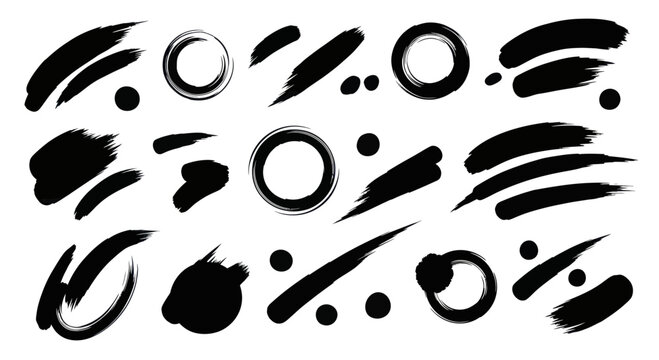 Collection of Black Brush Strokes and Circles Abstract Elements.