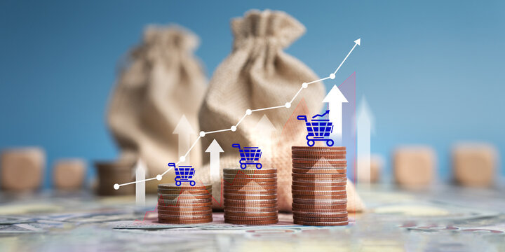 The cost of living soars, prices are high, shopping carts are piled high with coins, and inflation graphs are displayed, with red arrows indicating inflation controls and US dollar inflation.