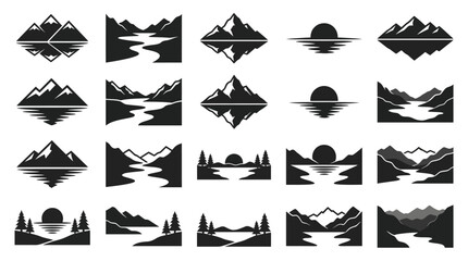 Fototapeta premium Collection of minimalist mountain and nature landscape logos with reflections.