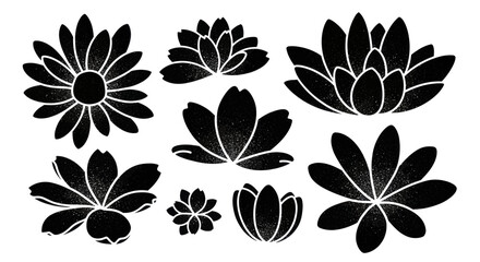 Obraz premium Collection of Black Flower Silhouettes on White Background.