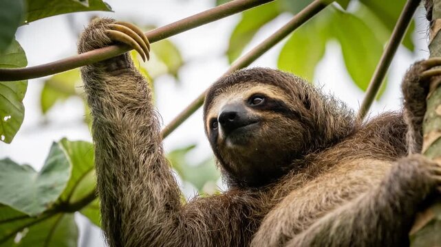 Adorable brown throated three toed sloth hanging from a tree branch in a lush tropical forest