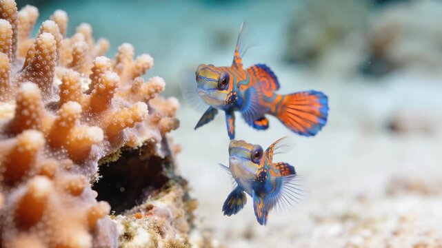 Beautiful synchiropus splendidus pair performing a courtship dance on a vibrant coral reef