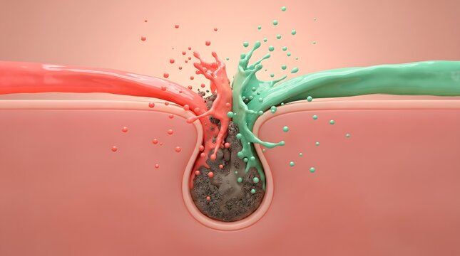 Pink and green serum liquid splashing into clogged skin pore cross section
