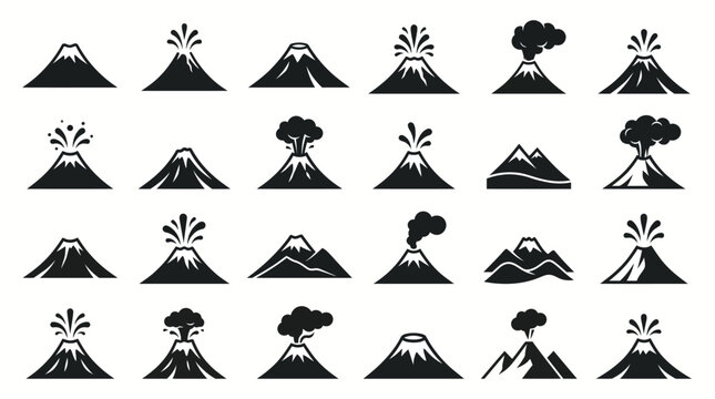 Collection of various volcano icons depicting eruptions and dormant states.