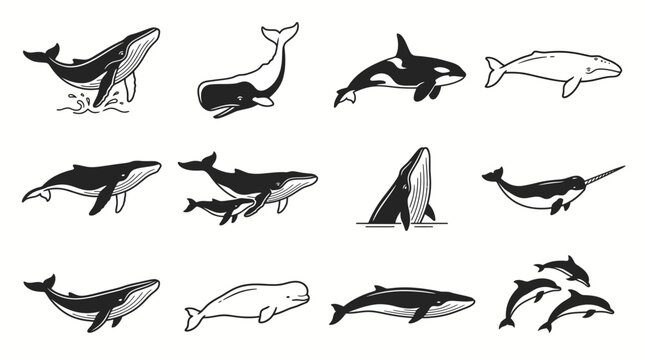 Collection of various whale species in different poses, hand-drawn illustrations.