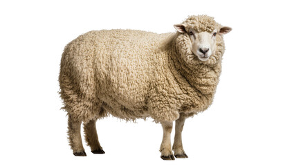 Fototapeta premium Fluffy sheep with thick wool standing on white