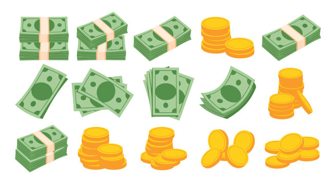 US dollar cash stacks with coins and bundled banknotes representing wealth savings and financial success in vector style