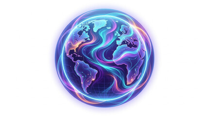 Glowing Earth globe with swirling neon energy lines. © Adre