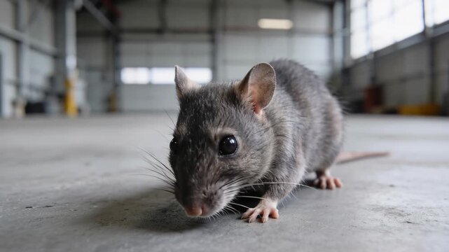 Curious gray rat with black eyes and long whiskers sniffing the air inside an empty warehouse