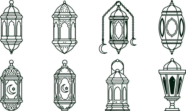 Collection of ornate Islamic lanterns with intricate patterns for Ramadan and festive decorations.