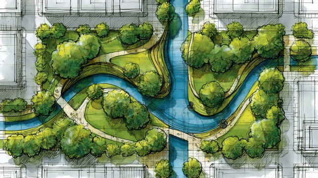 Urban park and waterway landscape architecture master plan. Featuring green spaces. Pedestrian paths. Trees. And buildings