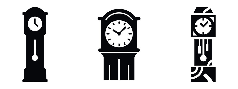 Set of three black silhouette grandfather clock icons on white background