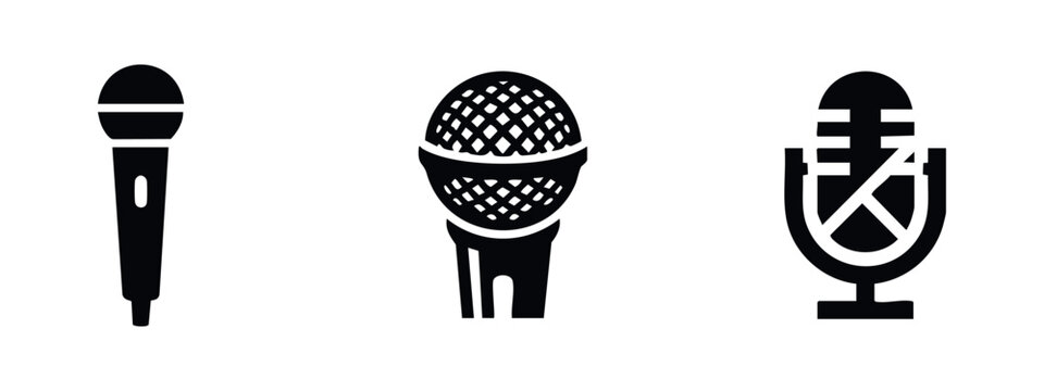 Handheld microphone icons set. Vocal mic symbols. Audio equipment vector collection, sound recording and stage performance signs.