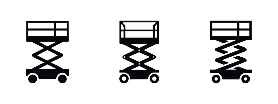 Scissor lift icons set. Aerial work platform symbols. Construction equipment vector collection, industrial and height access signs.