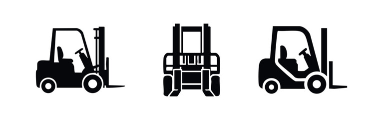 Forklift icons set. Industrial lift truck symbols. Warehouse equipment vector collection, logistics and material handling signs. © Lili
