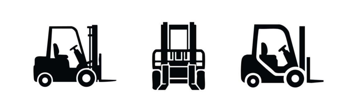 Forklift icons set. Industrial lift truck symbols. Warehouse equipment vector collection, logistics and material handling signs.