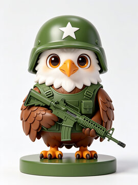 Cute 3D eagle figurine dressed as a soldier in a green helmet and tactical vest, holding a rifle on a green base against a clean white background.