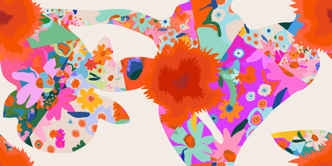Vibrant hand drawn abstract flowers pattern. Dynamic joyful botanical print. Fashionable template for design.  © MURRIRA