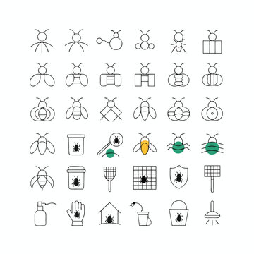 Thirty six thin black line insect icons and pest control equipment displayed in a grid on a plain white background with minor color accents.