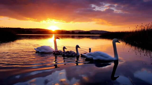 Graceful swan family glides across tranquil lake as the vibrant sunset paints the sky with golden hues