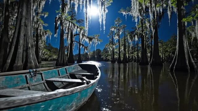 Tranquil scene of a teal rowboat in a calm cypress swamp under a bright night sky with Spanish moss