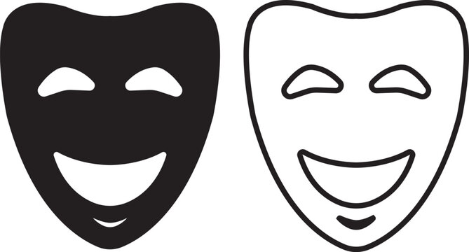 Happy theater mask icon in solid and outline style comedy performance symbol for acting entertainment stage expression isolated on transparent background vector design