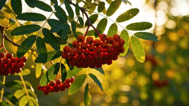 Close up view of vibrant red rowan berries hanging from branches with green leaves against a blurred background