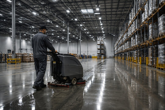 A worker is operating a floor scrubber in a large, industrial warehouse aisle.