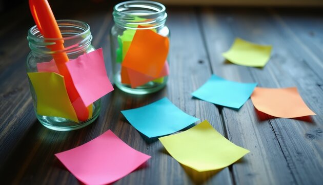 Colorful sticky notes are scattered on a wooden table. An orange marker pen rests in a glass jar filled with notes. Organization and ideas for planning.