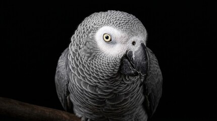 Obraz premium Stunning Portrait of an African Grey Parrot on Black Background, Detailed Feathers and Intelligent Eye Expression, High Contrast Dramatic Studio Lighting Nature Photography