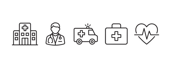 Set of medical and healthcare line icons representing hospital services with healthcare hospital ambulance emergency medicine physician transport © Nur-uz-zaman