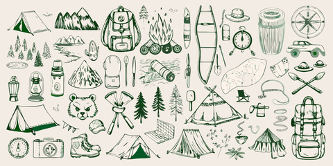 hand drawn camping gear and outdoor adventure elements tent backpack bear tree © Raj