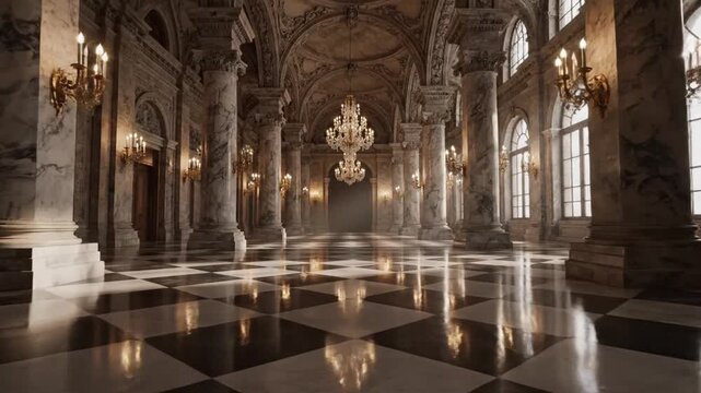 Grand hallway interior with marble columns and ornate chandeliers
