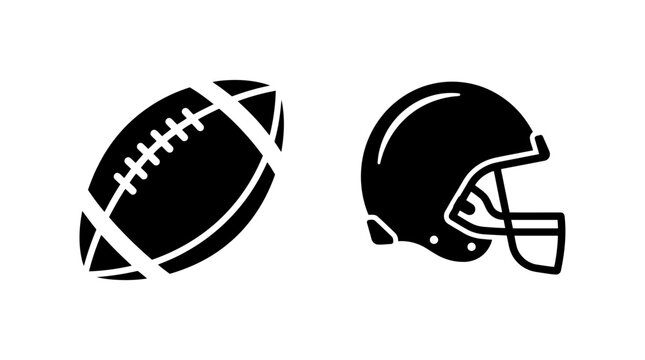 American Football Ball and Helmet Icons - Black and White Vector Graphics