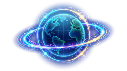 Glowing Earth surrounded by futuristic energy rings. © Cintia