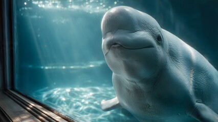 Fototapeta premium Curious Beluga Whale Near Glass Tank in Aquarium
