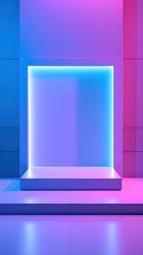 A modern interior featuring vibrant blue and pink neon LED lights, creating a futuristic and minimalist ambiance.