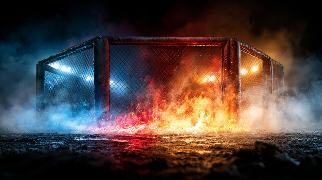 Low angle shot , blue and red fire burning in front of the Mix martial arts stage , action cinematic background image.